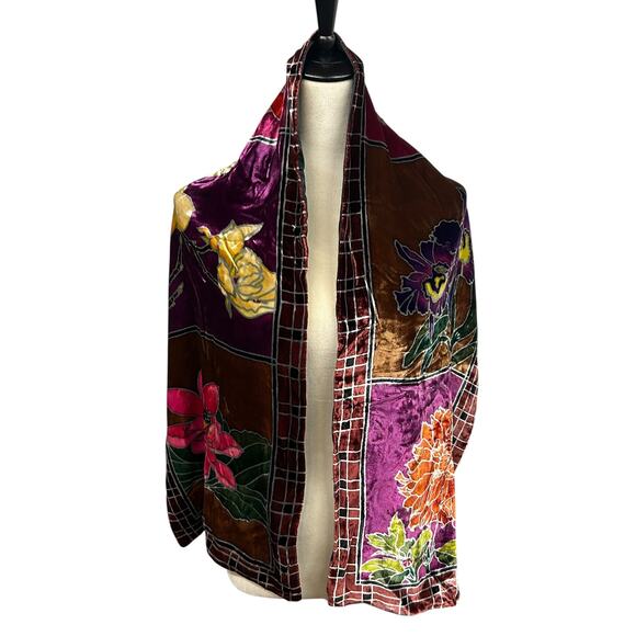 Artistic Boho Floral Velvet Scarf REDfish Designs Silk Rayon Wrap - Picture 1 of 6